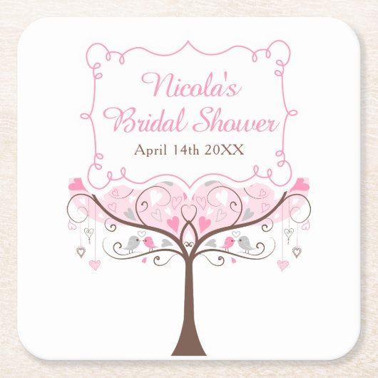Pink Floral Bird Bridal Shower  Kartonnen Onderzetters (Voorkant)