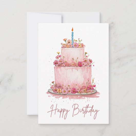 Pink Floral Birthday Cake Card (Voorkant)