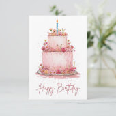Pink Floral Birthday Cake Card (Staand voorkant)
