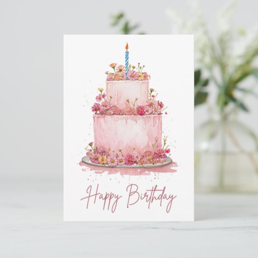 Pink Floral Birthday Cake Card (Staand voorkant)