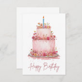 Pink Floral Birthday Cake Card (Voorkant / Achterkant)