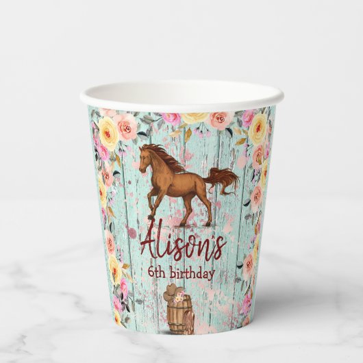 Pink Floral Birthday Horse Birthday Party Papieren Bekers (Achterkant)