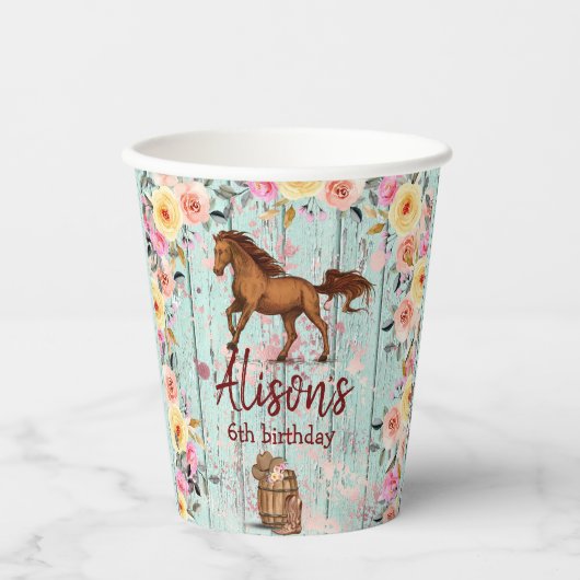 Pink Floral Birthday Horse Birthday Party Papieren Bekers (Voorkant)
