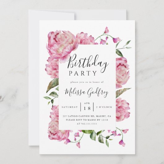 Pink Floral Birthday Party Kaart (Voorkant)