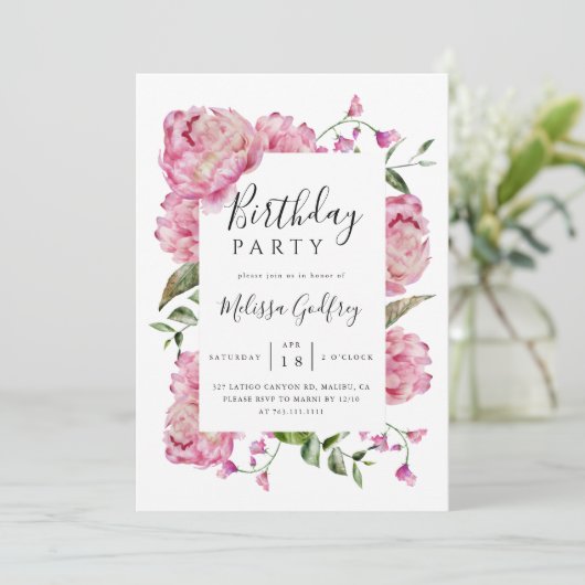 Pink Floral Birthday Party Kaart (Staand voorkant)