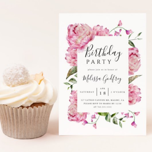 Pink Floral Birthday Party Kaart