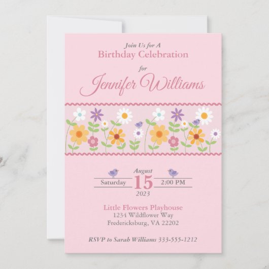 Pink Floral Birthday Uitnodiging (Voorkant)
