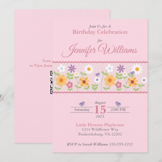 Pink Floral Birthday Uitnodiging (Voorkant / Achterkant)