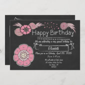 Pink Floral Birthday Uitnodiging (Voorkant / Achterkant)