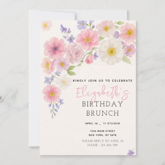 Pink Floral Birthday Uitnodiging (Voorkant)