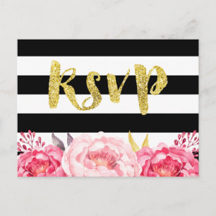 Pink Floral Black White Stripes Gold Glitter RSVP Uitnodiging Briefkaart