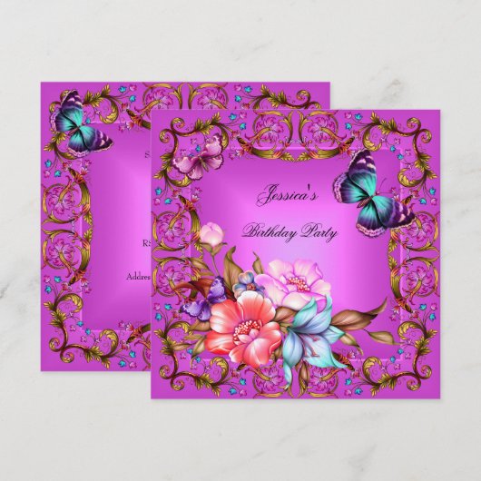 Pink Floral Blauwgroen Blue Butterfly Birthday Par Kaart (Voorkant / Achterkant)