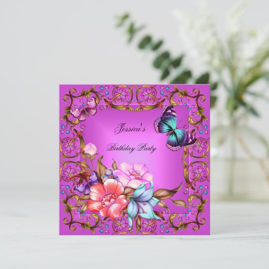 Pink Floral Blauwgroen Blue Butterfly Birthday Par Kaart (Staand voorkant)