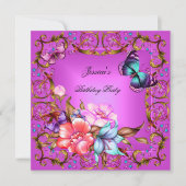 Pink Floral Blauwgroen Blue Butterfly Birthday Par Kaart (Voorkant)
