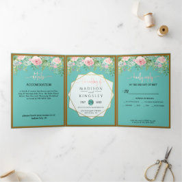 Pink Floral Blauwgroen Wedding Fab ELEGANT Drieluik Uitnodiging