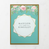 Pink Floral Blauwgroen Wedding Fab ELEGANT Drieluik Uitnodiging (Cover)