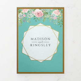 Pink Floral Blauwgroen Wedding Fab ELEGANT Drieluik Uitnodiging