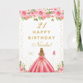 Pink Floral Blonde Hair Girl Birthday  Kaart