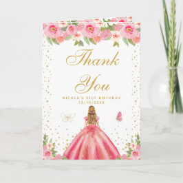 Pink Floral Blonde Hair Girl Birthday Party Bedankkaart