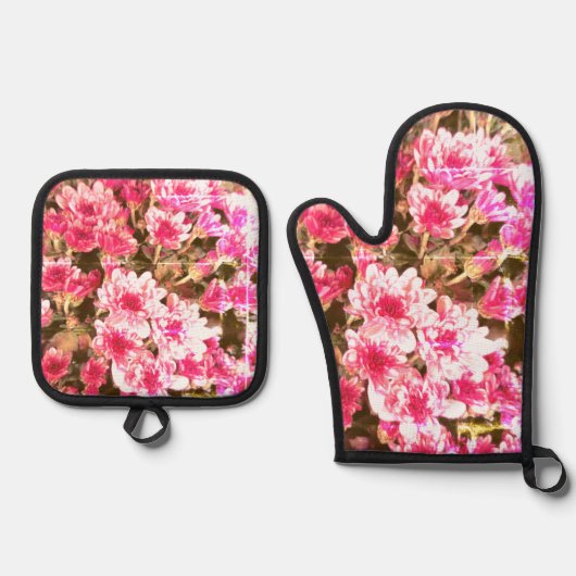 Pink Floral Bloom Pattern Ovenwant & Pannenlap Set (Voorkant)