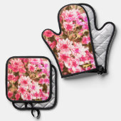 Pink Floral Bloom Pattern Ovenwant & Pannenlap Set (Voorkant / Achterkant)