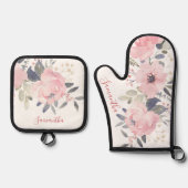 Pink Floral Bloom Waterverf Script gepersonaliseer Ovenwant & Pannenlap Set (Voorkant)