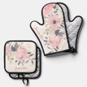 Pink Floral Bloom Waterverf Script gepersonaliseer Ovenwant & Pannenlap Set (Voorkant / Achterkant)