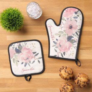 Pink Floral Bloom Waterverf Script gepersonaliseer Ovenwant & Pannenlap Set