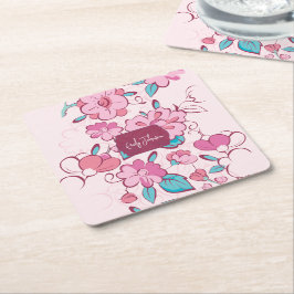 Pink Floral Blossom Script Name Paper Coaster Kartonnen Onderzetters