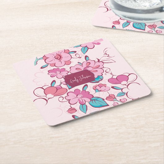 Pink Floral Blossom Script Name Paper Coaster Kartonnen Onderzetters (Schuin)
