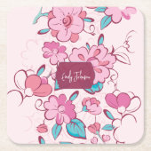 Pink Floral Blossom Script Name Paper Coaster Kartonnen Onderzetters (Voorkant)