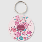 Pink Floral Blossom Script Name Paper Coaster Sleutelhanger (Voorkant)