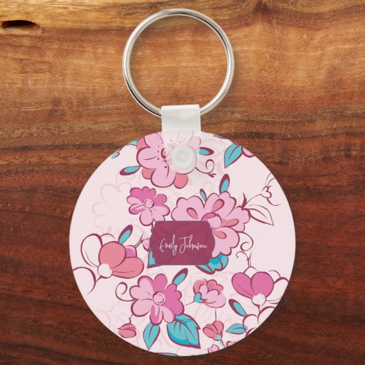 Pink Floral Blossom Script Name Paper Coaster Sleutelhanger (Voorkant)