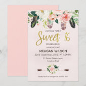 Pink Floral Boho 16e verjaardag Uitnodiging (Voorkant / Achterkant)