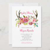 Pink Floral Boho Antlers Baby shower Uitnodiging (Voorkant)