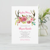 Pink Floral Boho Antlers Baby shower Uitnodiging (Staand voorkant)