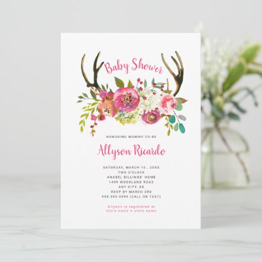 Pink Floral Boho Antlers Baby shower Uitnodiging (Staand voorkant)