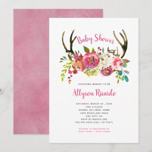 Pink Floral Boho Antlers Baby shower Uitnodiging (Voorkant / Achterkant)