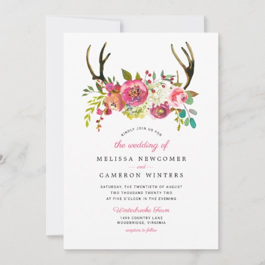Pink floral boho antlers bruiloft uitnodiging (Voorkant)