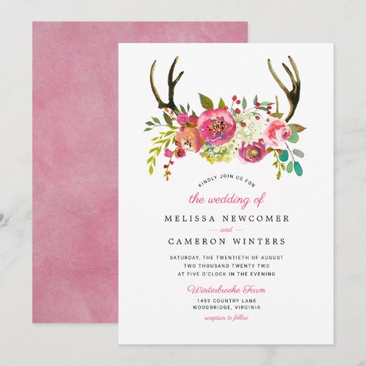Pink floral boho antlers bruiloft uitnodiging (Voorkant / Achterkant)
