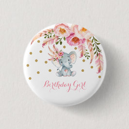 Pink Floral Boho Elephant 1e verjaardag Favor Ronde Button 3,2 Cm