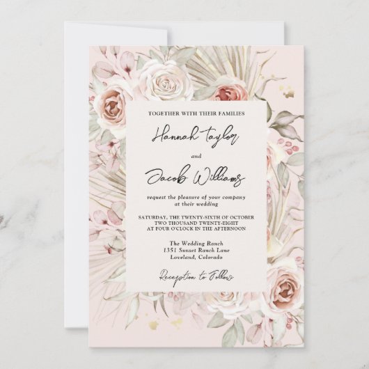 PInk Floral Boho Rustic Wedding Kaart (Voorkant)