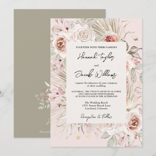 PInk Floral Boho Rustic Wedding Kaart (Voorkant / Achterkant)