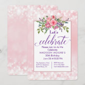 Pink Floral Bokeh Birthday Party Kaart (Voorkant / Achterkant)