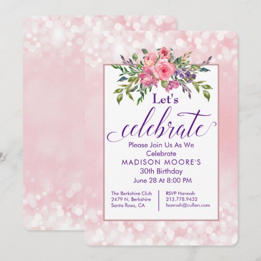 Pink Floral Bokeh Birthday Party Kaart (Voorkant / Achterkant)