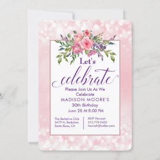 Pink Floral Bokeh Birthday Party Kaart