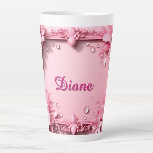 Pink Floral Border With Custom Name Latte Mok (Voorkant)