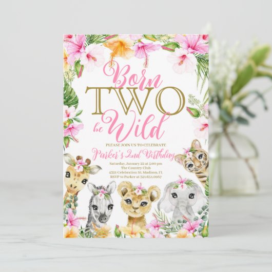 Pink Floral Born Two Be Wild Oerwoud Birthday Girl Kaart (Staand voorkant)