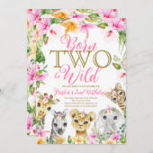 Pink Floral Born Two Be Wild Oerwoud Birthday Girl Kaart (Voorkant / Achterkant)