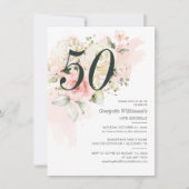 Pink Floral Botanical 50th Birthday Party Kaart (Voorkant)